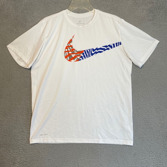 Nike Dri-FIT T-Shirt Large White Graphic Swoosh Performance Tee Mens - Picture 1 of 6